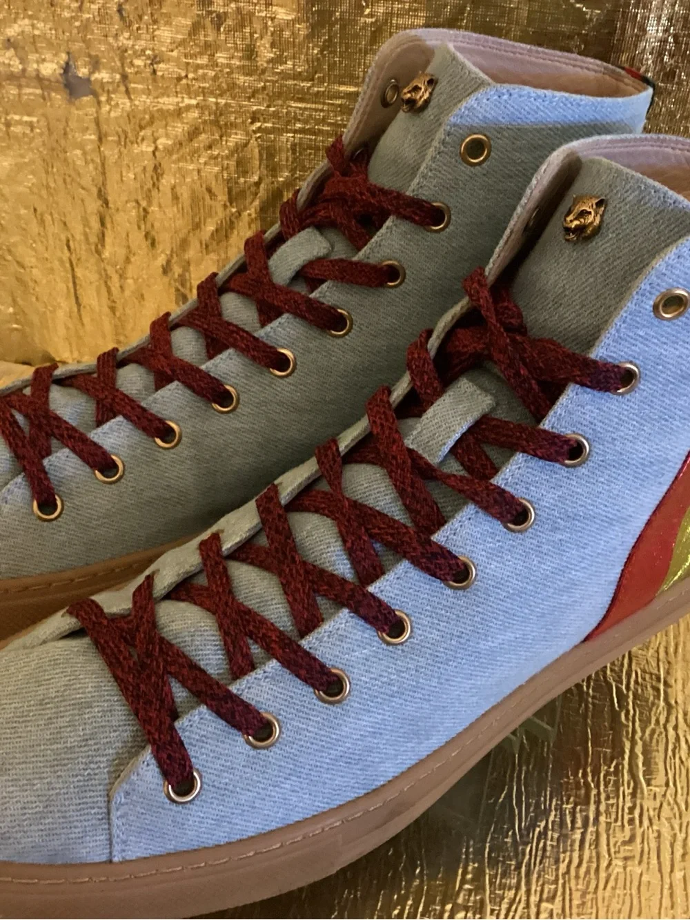 Gucci Light Blue Denim High-Top Sneakers with Red, Gold, Silver Accents